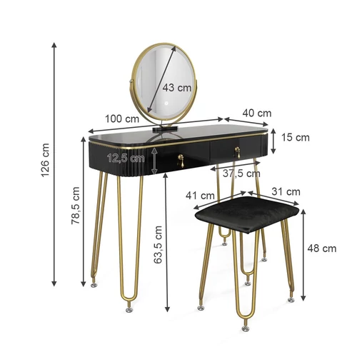 Vicco Grace fésülködőasztal székkel, Led tükörrel, fekete-arany, 100 cm