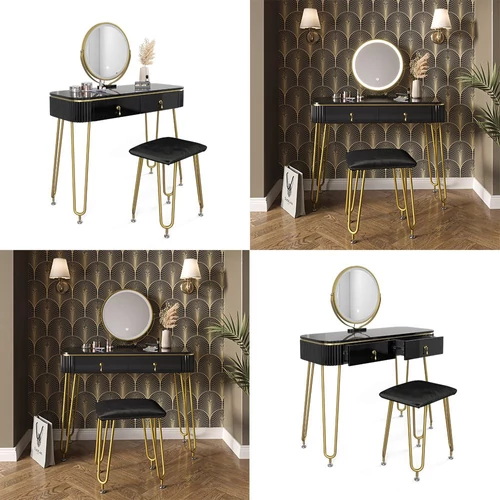 Vicco Grace fésülködőasztal székkel, Led tükörrel, fekete-arany, 100 cm