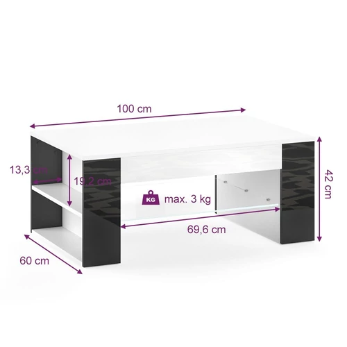Vicco Stelios dohányzóasztal, 100 cm, magasfényű fehér-fekete