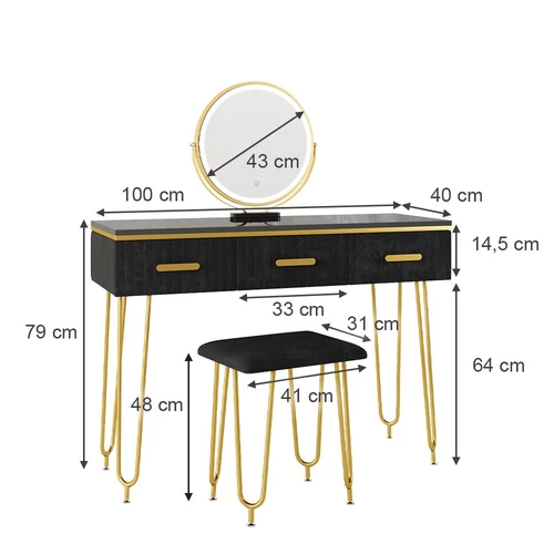 Vicco Layla fésülködőasztal székkel, Led tükörrel, fekete, 100 cm