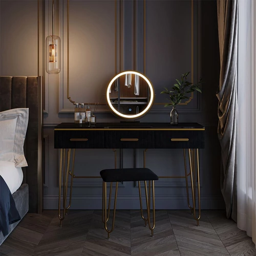 Vicco Layla fésülködőasztal székkel, Led tükörrel, fekete, 100 cm