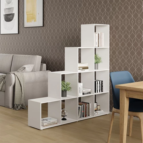 Livinity Aramis lépcsős polc 10 rekesszel, fehér, 138x143x29 cm