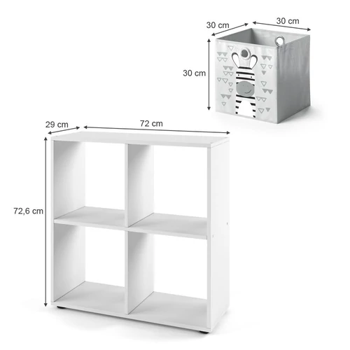 Vicco Tetra gyerekszoba térelválasztó polc/ játékpolc, 4 rekeszes, fehér, 4 db tárolódobozzal