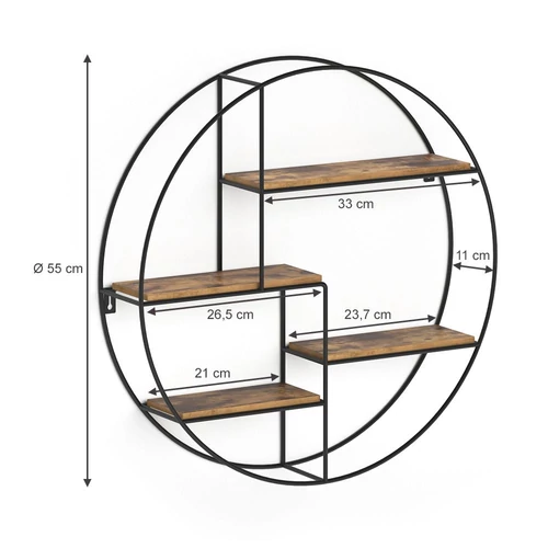 Vicco Fyrk kerek fali polc, 55 cm, rusztikus tölgy/fekete