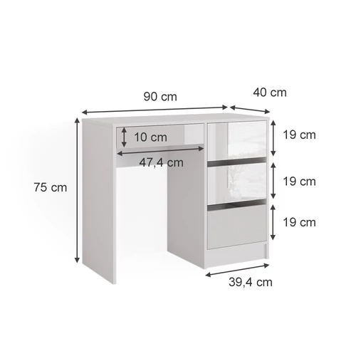 Vicco Sherry íróasztal / fésülködőasztal, 90 cm, fehér-magasfényű fehér