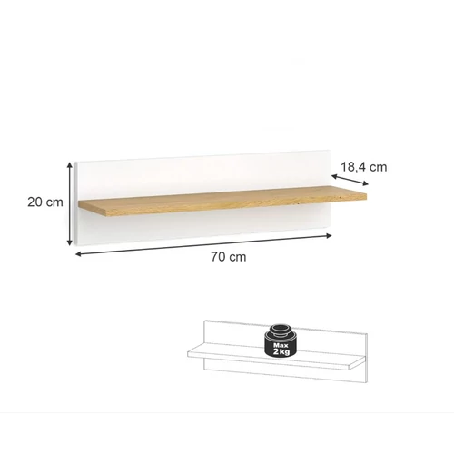 Vitalispa Malia gyerekszoba fali polc, 20x70x18,4 cm, fehér-tölgy