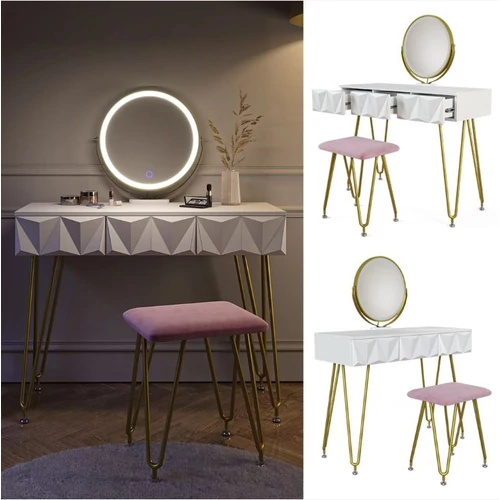 Vicco Ruby fésülködőasztal székkel, Led tükörrel, fehér, 100 cm