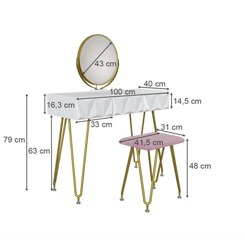 Vicco Ruby fésülködőasztal székkel, Led tükörrel, fehér, 100 cm