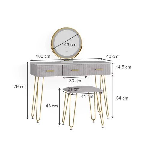 Vicco Layla fésülködőasztal székkel, Led tükörrel, szürke, 100 cm