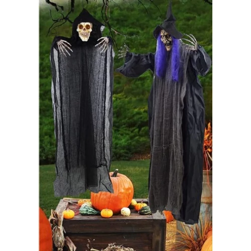 Halloween függő csontváz és boszorkány dekoráció szett, 2 db-os