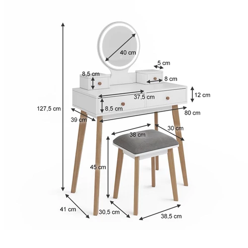 Vicco Finya fésülködőasztal székkel, fehér, 80 cm