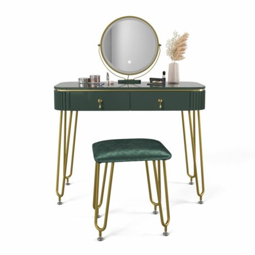 Vicco Grace fésülködőasztal székkel, Led tükörrel, zöld-arany, 100 cm