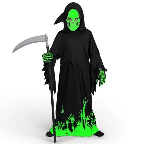 Kaszás gyerek jelmez kaszával, S (5-7 év), fluoreszkáló