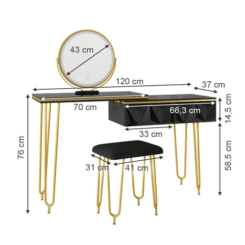 Vicco Bella fésülködőasztal székkel, Led tükörrel, fekete, 120 cm