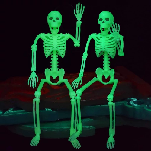 Halloween csontváz szett, 2 db, mozgatható testrészekkel, fluoreszkál, 37 cm 