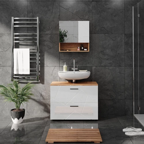 Vicco Irma mosdószekrény, 80 cm, magasfényű fehér / tölgy