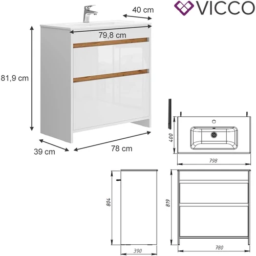 Vicco Detmold mosdószekrény, 80 cm, fehér/tölgyfa