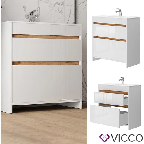 Vicco Detmold mosdószekrény, 80 cm, fehér/tölgyfa