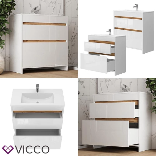 Vicco Detmold mosdószekrény, 80 cm, fehér/tölgyfa
