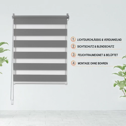 Woltu 70x150 cm sávos roló, dupla roló, zebra roló, fúrás nélkül, sötétszürke, sötétszürke szerelékkel