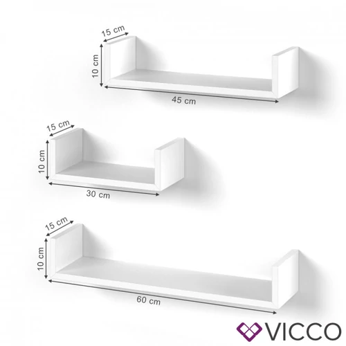 Vicco U alakú fali polc szett, 3 db-30,45,60 cm- fehér