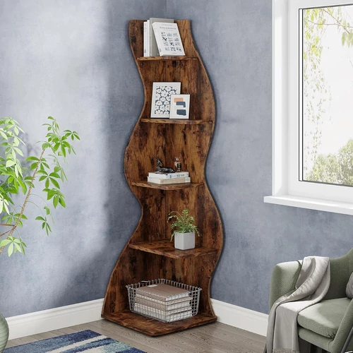 Tribesigns sarokpolc 5 polccal – barna, MDF, 48 × 50 × 177 cm