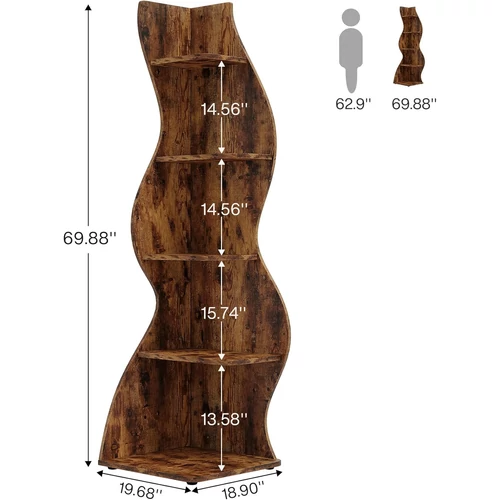 Tribesigns sarokpolc 5 polccal – barna, MDF, 48 × 50 × 177 cm