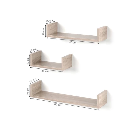 Vicco U alakú fali polc szett, 3 db-30,45,60 cm- sonoma